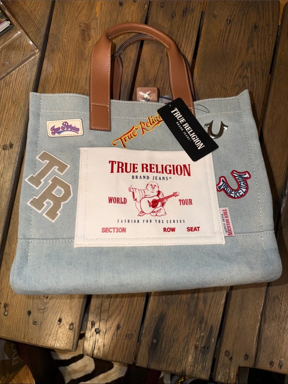 True Religion Light Blue Denim Patchwork Tote with Brown Handles
